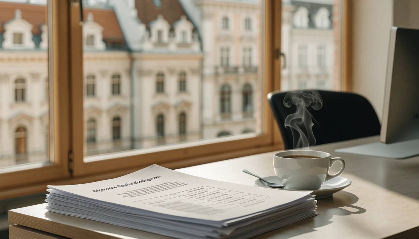 Schreibtisch in Wien mit AGB-Dokumenten und Tageslicht