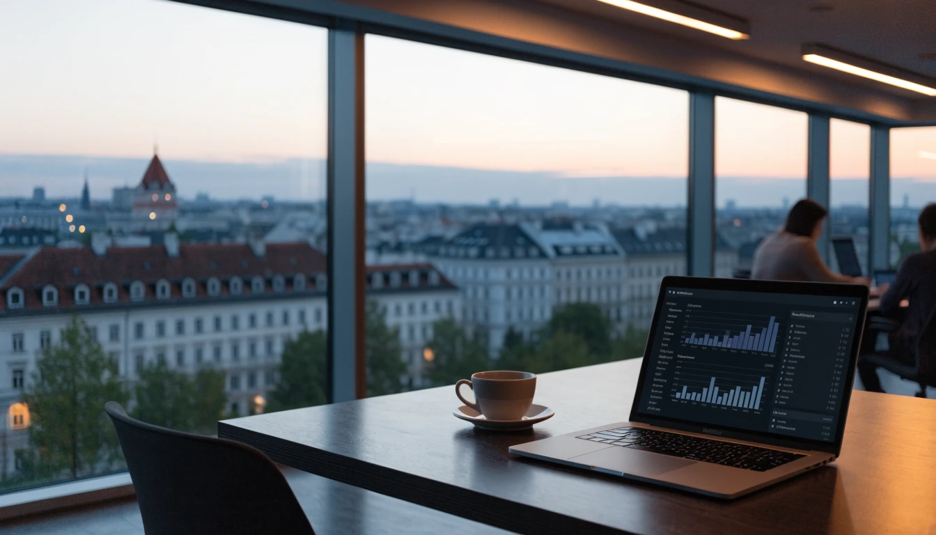 Modernes Büro in Wien mit Laptop und Skyline