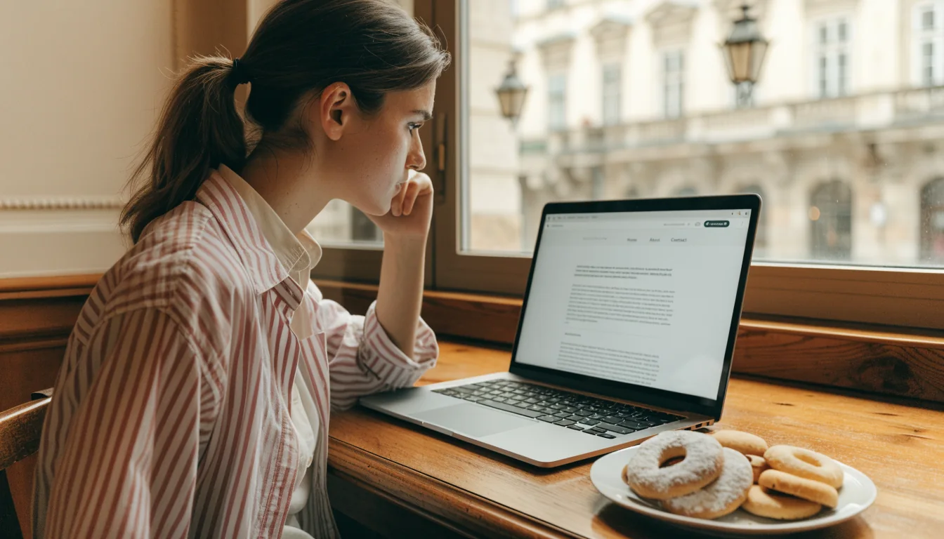 Junge Frau in einem Wiener Café, Laptop und Kekse