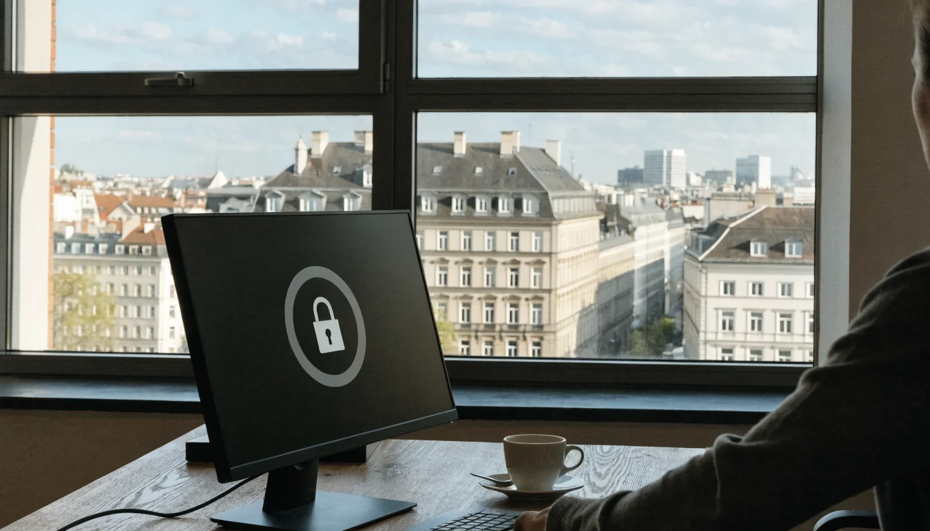 Österreichisches Büro mit Datenschutzsymbol und Stadtblick