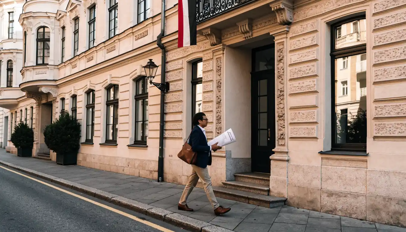 Österreichische Straße mit historischem Gebäude und Disclaimer-Hintergrund