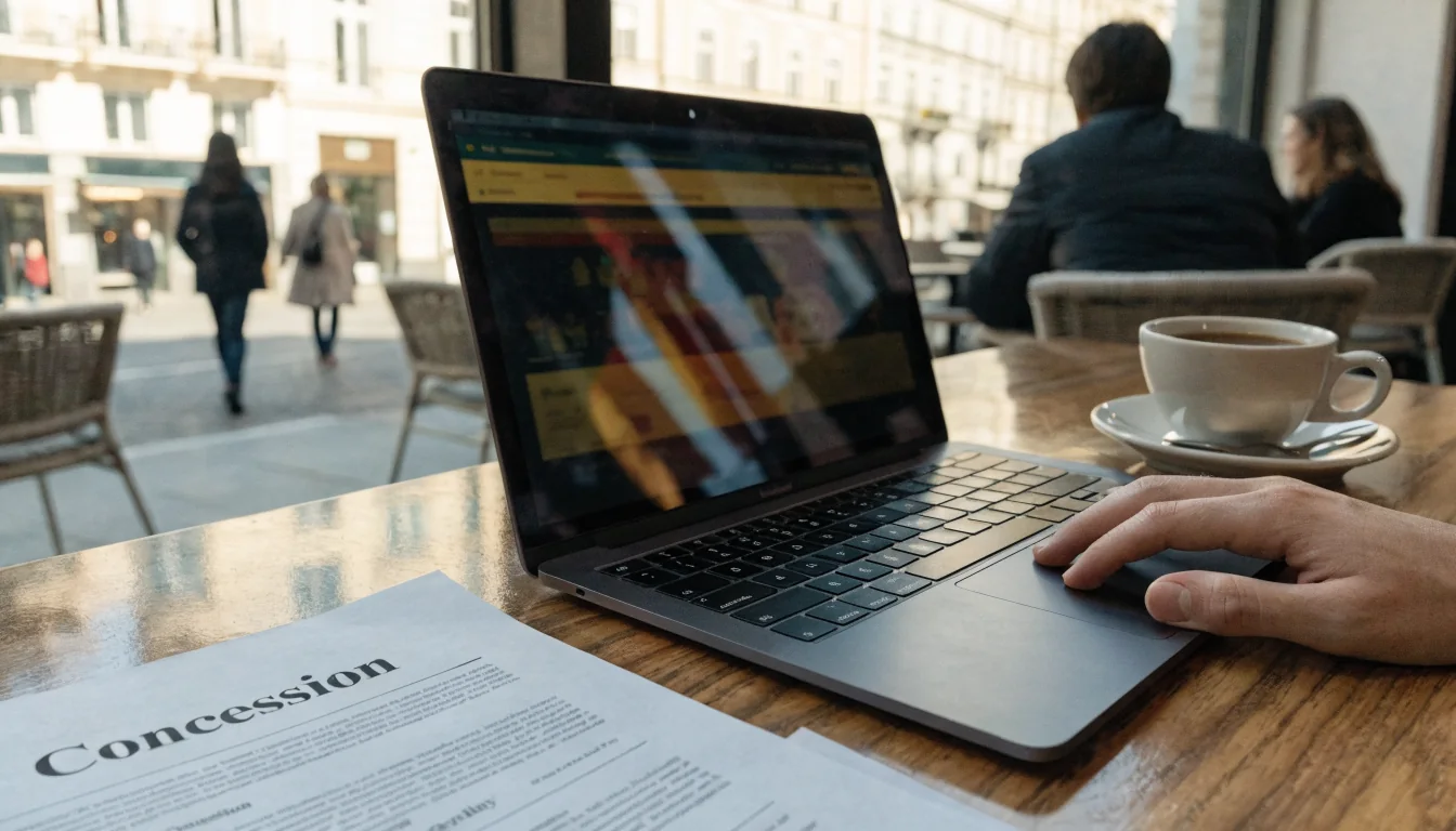 Heller Schreibtisch im Wiener Café, Laptop, Dokument, österreichische Flagge