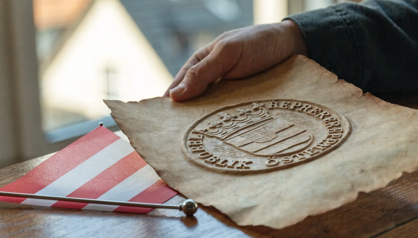 Hand hält offizielles Siegel mit österreichischer Flagge