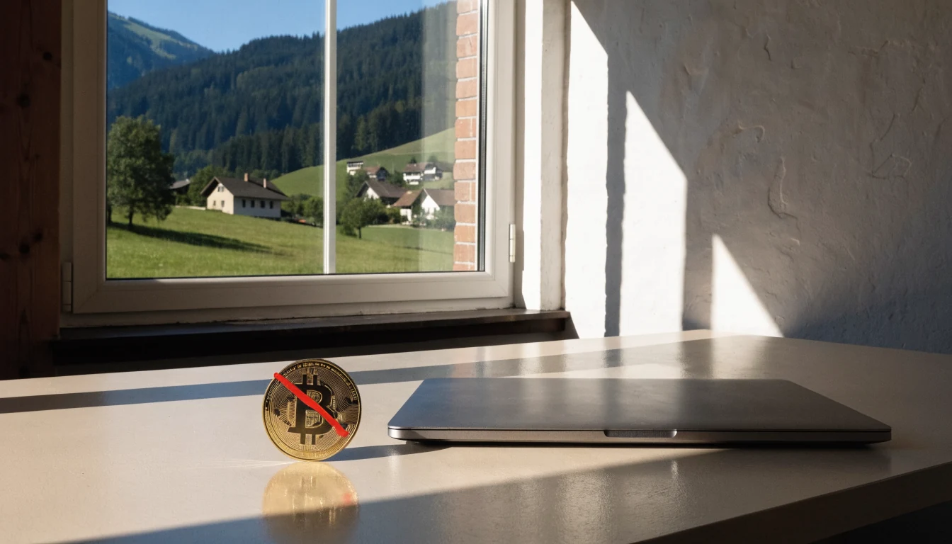 Geschlossener Laptop, Bitcoin mit rotem Kreuz, Alpenblick