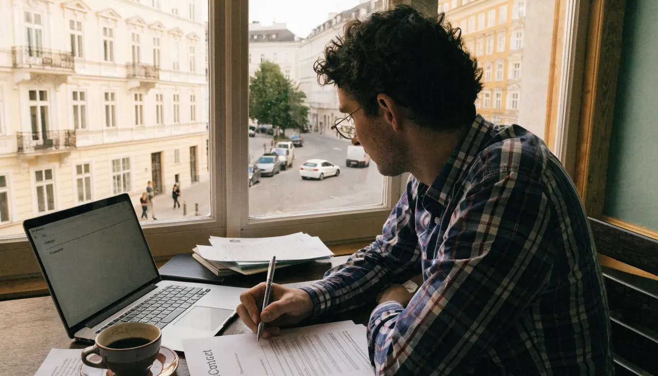 Ein Büro in Wien, ein Redakteur schreibt einen Brief, Fenster mit Stadtblick, Licht fällt herein.