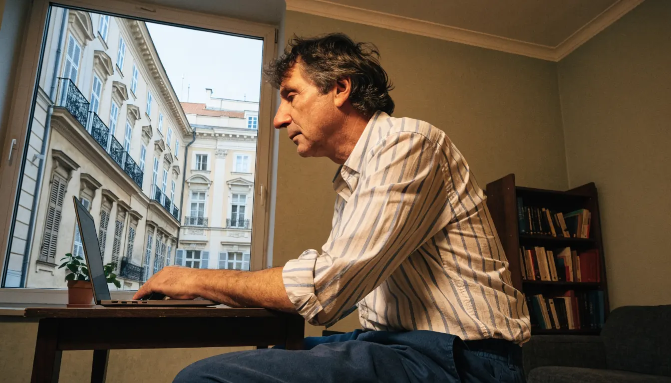 Mann in einer Wiener Wohnung mit Laptop, warme Beleuchtung, Fensterblick auf historische Gebäude.