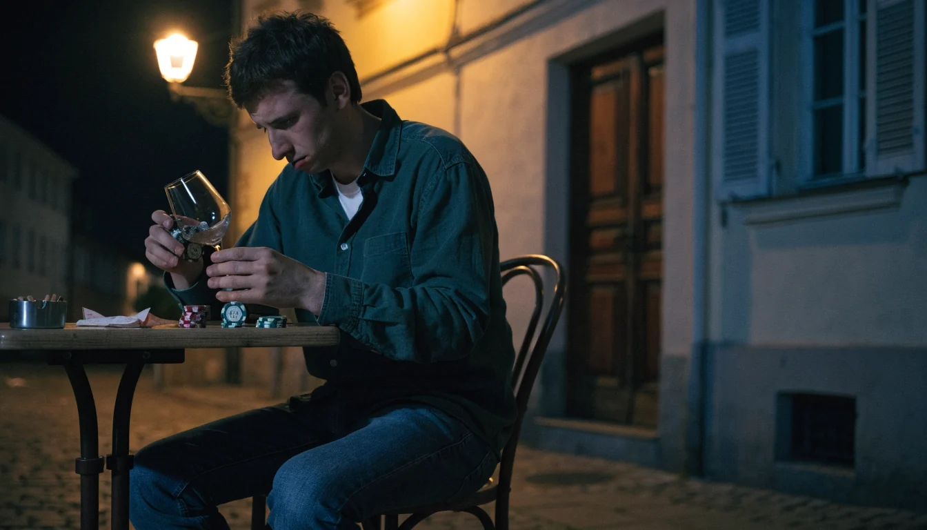 Junger Mann in Wiener Café, nachdenklich, Pokerchips, gedämpftes Licht